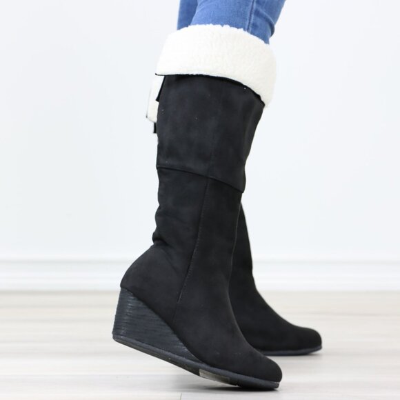 Black Wedge Heeled Boots Sherpa Fold Over Below The Knee Faux Suede - Picture 4 of 12